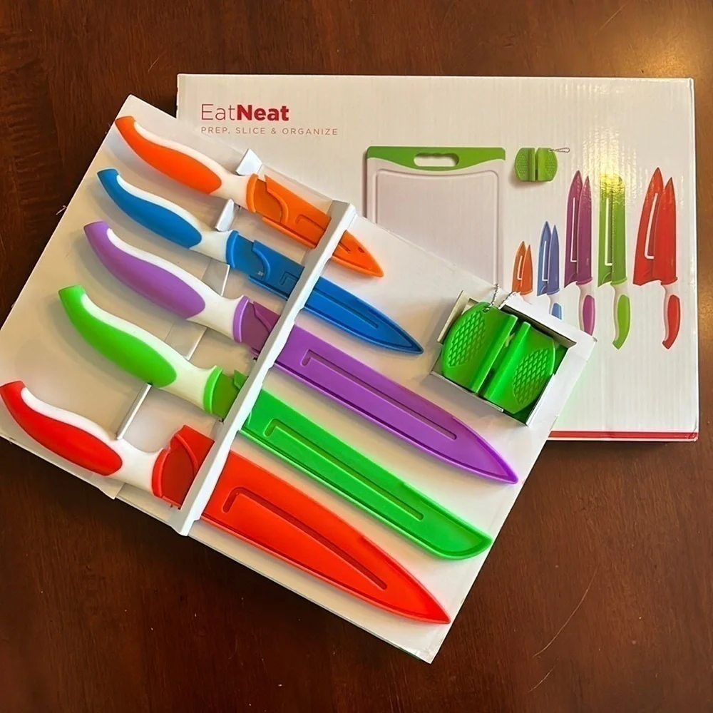 Brand New Colorful 12-Piece Kitchen Stainless Steel Knife Set w/ Cutting Board